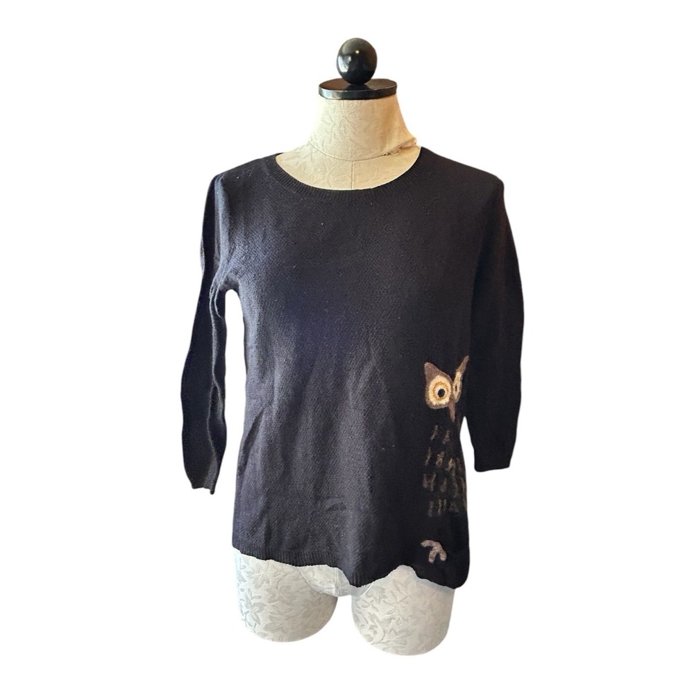 Moth Anthropologie Black Sweater Wise Owl Knit Front Pocket Size XS‎ Artsy